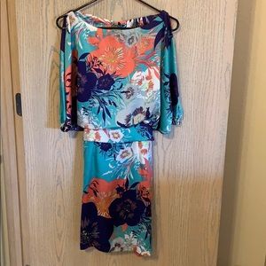 Multi-colored, silk open shoulder dress